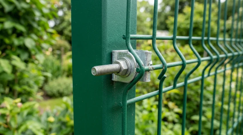 Detail uchytenia 3D panelu na oceľový stĺpik kovovou príchytkou
