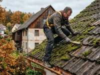 Pokrývač s istiacim postrojom odstraňuje kefou mach z betónovej strešnej krytiny