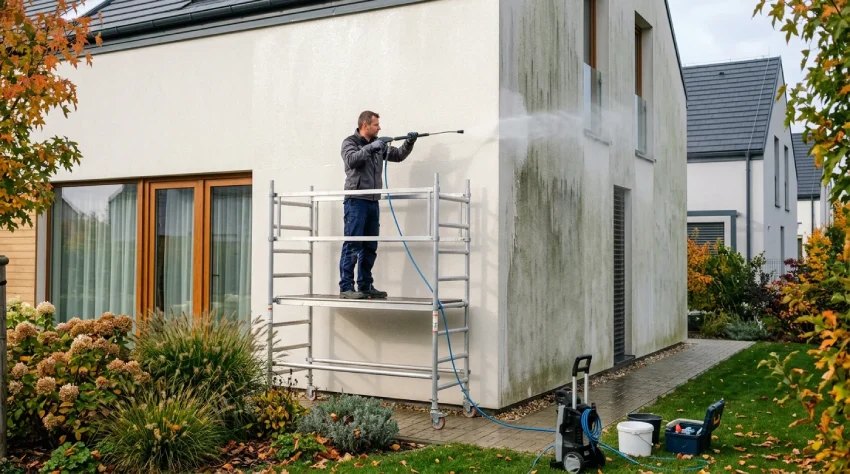 Pracovník na nízkom lešení umýva zateplenú fasádu rodinného domu šetrným prúdom vody