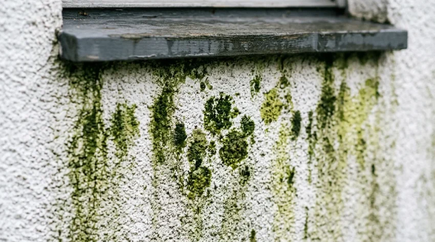 Detail zelených rias na bielej tenkovrstvovej omietke pod parapetom okna