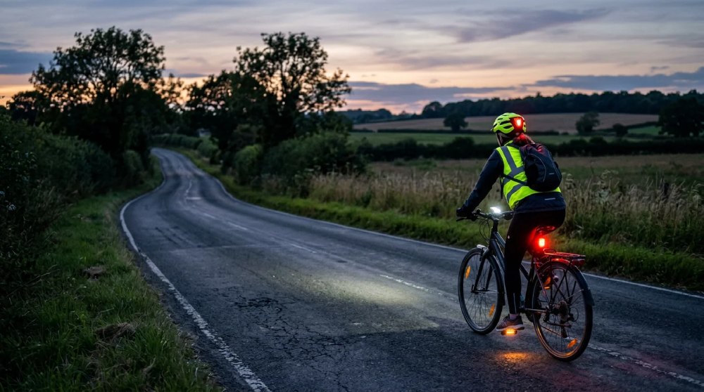 Cyklista v reflexnej veste so zapnutým predným a zadným svetlom