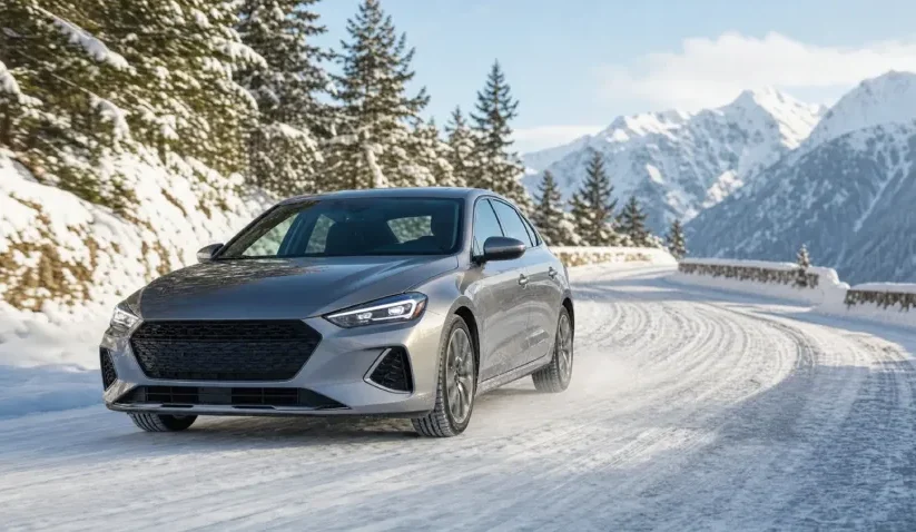Auto na zasneženej ceste v zime na zimných pneumatikách za denného svetla