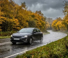 Osobné auto na mokrej ceste v daždivom jesennom počasí