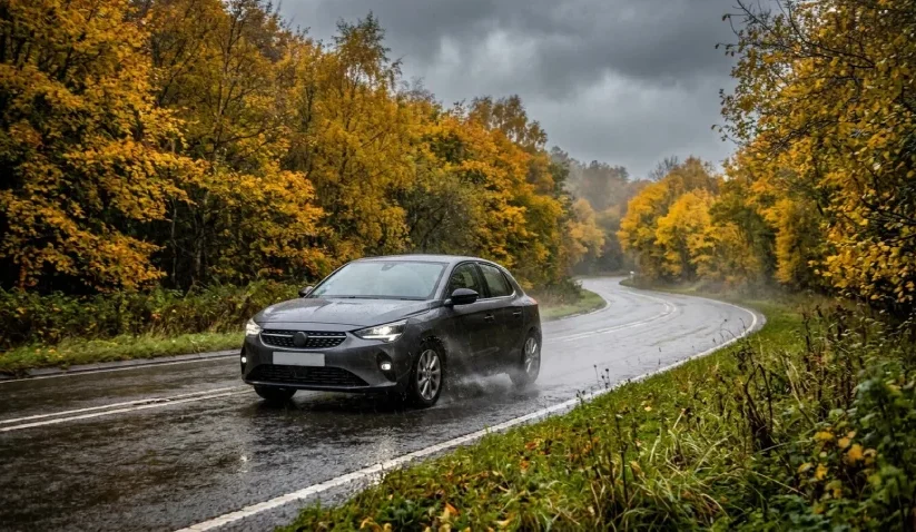 Osobné auto na mokrej ceste v daždivom jesennom počasí
