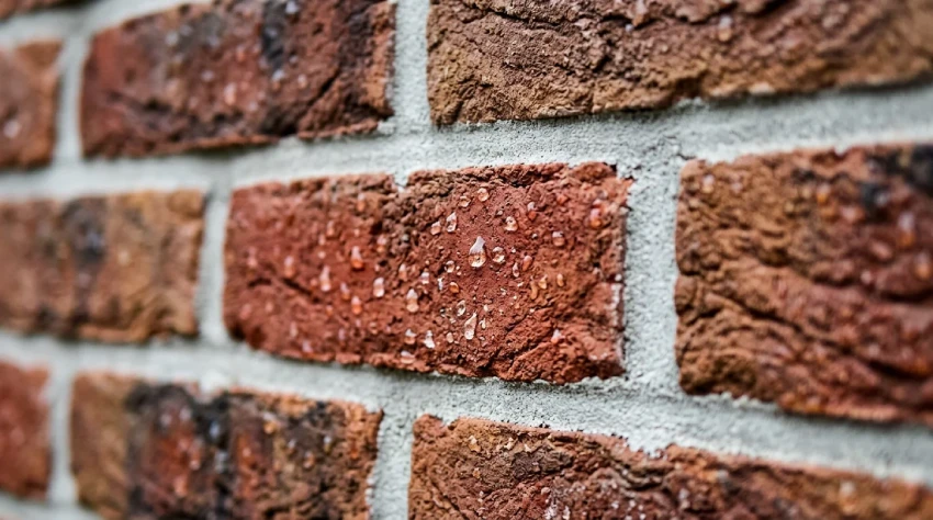 Detail lícových tehál s kvapkami vody na impregnovanom povrchu