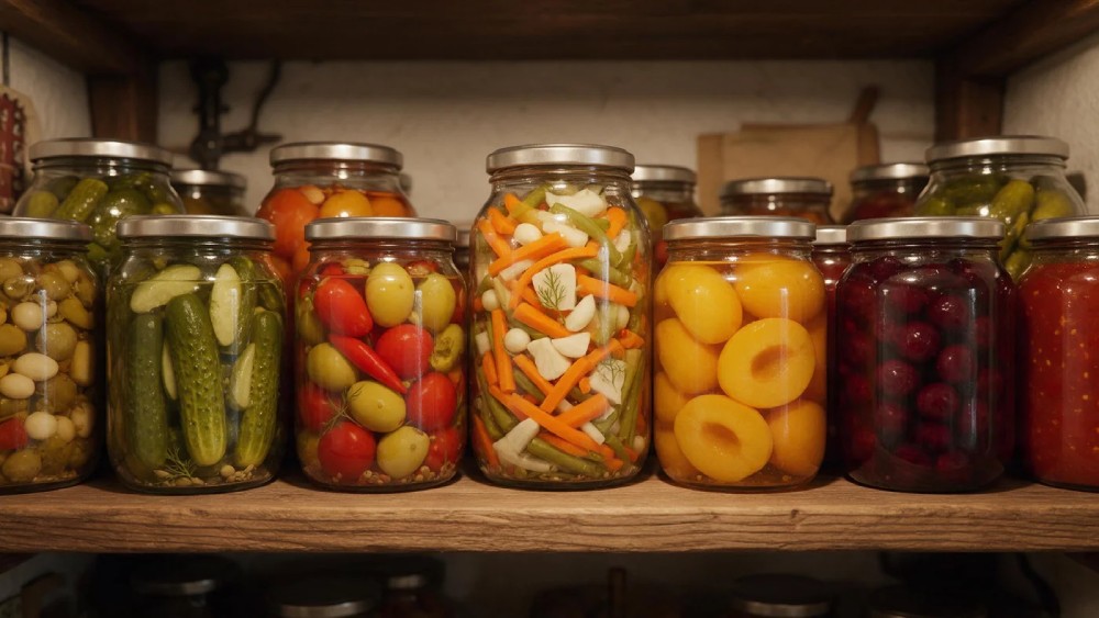 Zaváraninové poháre a uskladnené zimné zásoby na drevenej polici