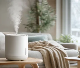 Moderný zvlhčovač vzduchu s jemnou hmlou v svetlej obývačke, útulná zimná atmosféra