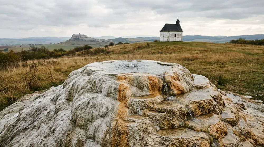 Živá travertínová kopa so žriedlom na vrchole