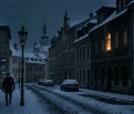Zasnežené mesto v noci s tmavými oknami a svetlom sviečky v jednom okne
