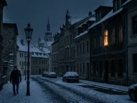 Zasnežené mesto v noci s tmavými oknami a svetlom sviečky v jednom okne